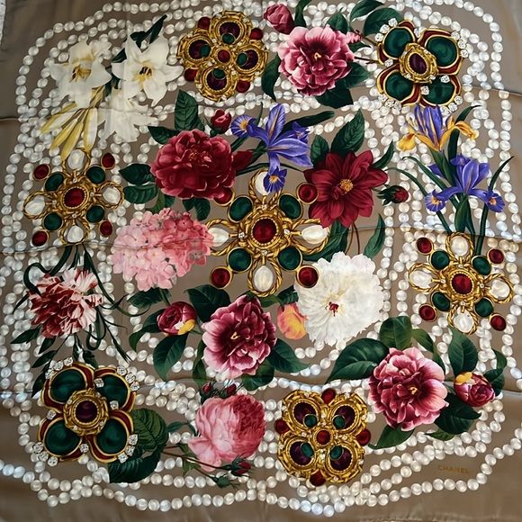 CHANEL Cream Pink Vibrant Colors Floral Scarf 34”x34” - Picture 1 of 6